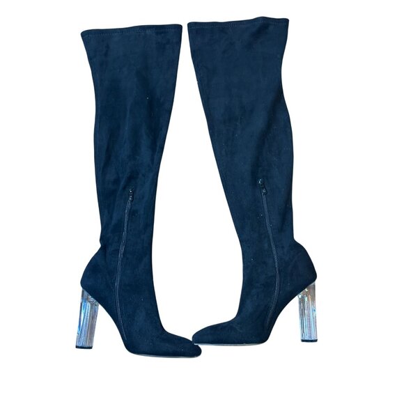 Black Over-The-Knee Boots With Clear Block Heels Public Desire Faux Suede Sz 9 - Picture 2 of 6